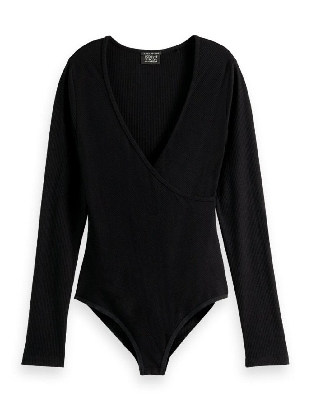 Scotch Soda Size XL Black Long Sleeved Wrapped Knit Bodysuit V Neck Surplice